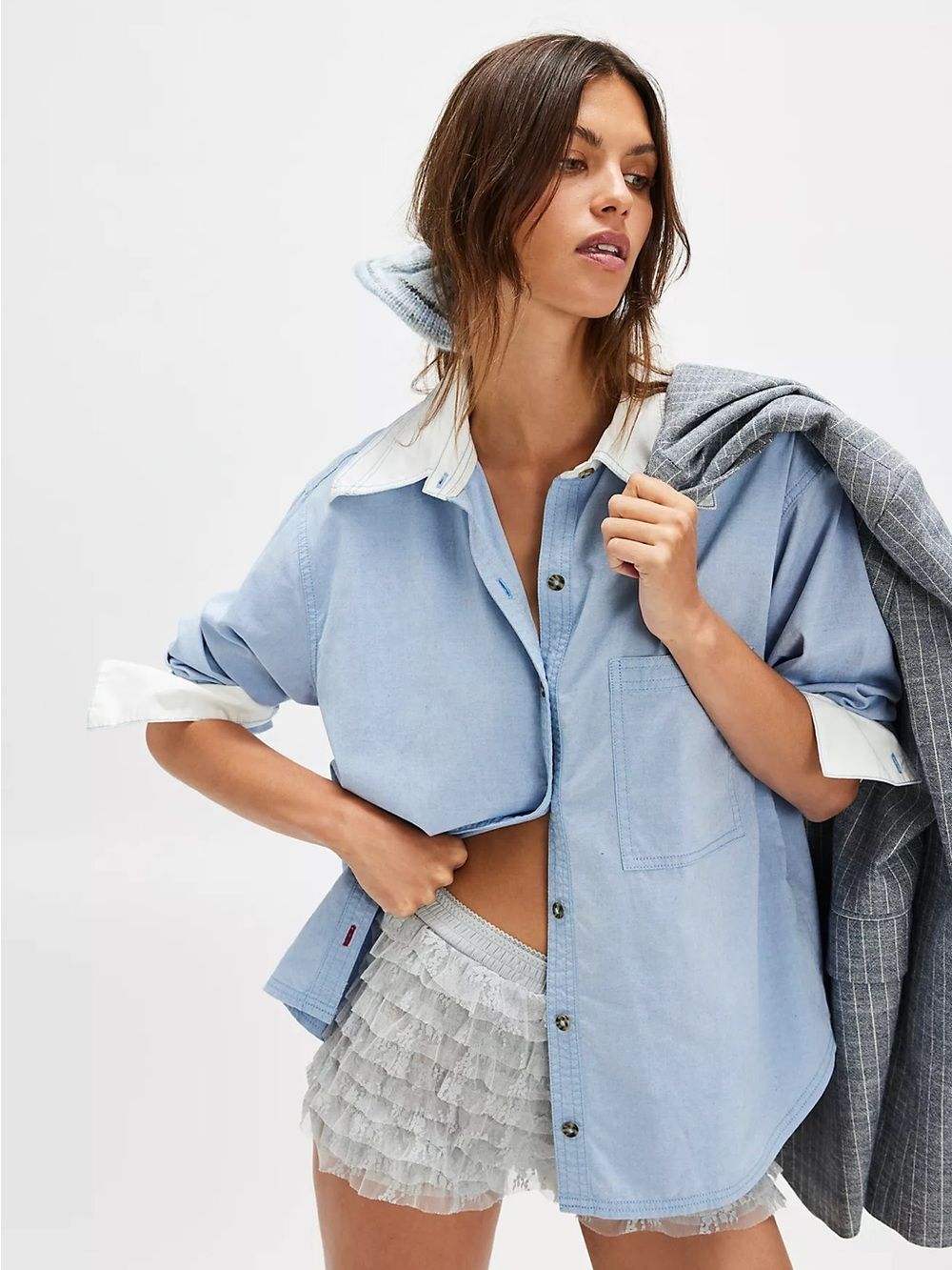 We the Free People Tommy Oxford Button Up Shirt Size XS Blue White Preppy